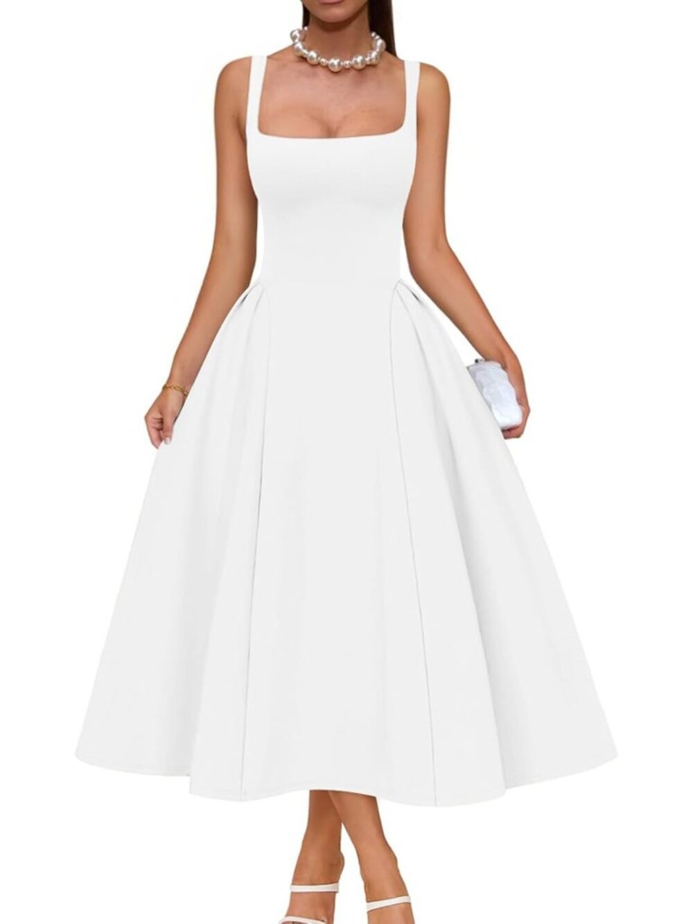 Women's White Elegant Square Neck Sleeveless Swing A Line Solid Midi Dress